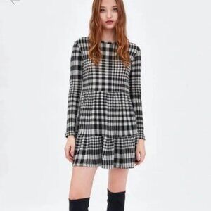 ZARA Gingham Babydoll Mini Dress Black & White Checkered Size Small Academia